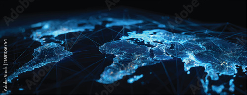 Global Network Connection World Map Digital Communication Technology Concept with Glowing Cities and Interconnected Data Points for Business