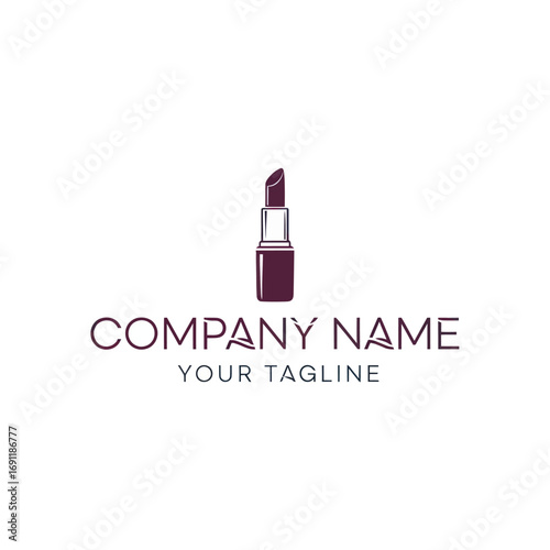 Elegant logo design with a dark purple lipstick illustration, featuring placeholder text for a company name and tagline on a white background.