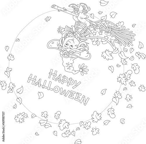 Happy little Halloween witch flying on her magic broom upside down among falling and swirling autumn leaves, black and white vector illustration for a coloring book