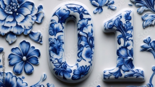 Floral Delftware Style Decorative Numbers on White Background Intricate Blue and White