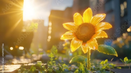 眩しい夕日の光の中で咲く巨大なヒマワリ 都市の風景と緑豊かな植物との美しいコントラスト