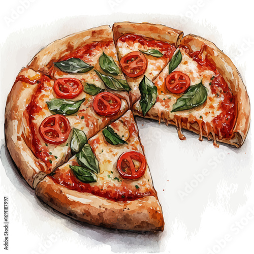 Pizza, watercolor illustration vector, isolated on a white background.