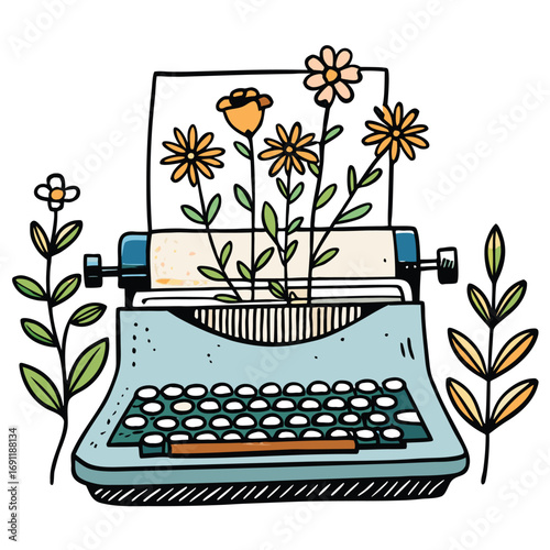 Blue Vintage Typewriter with Blooming Flowers and Foliage retro writing