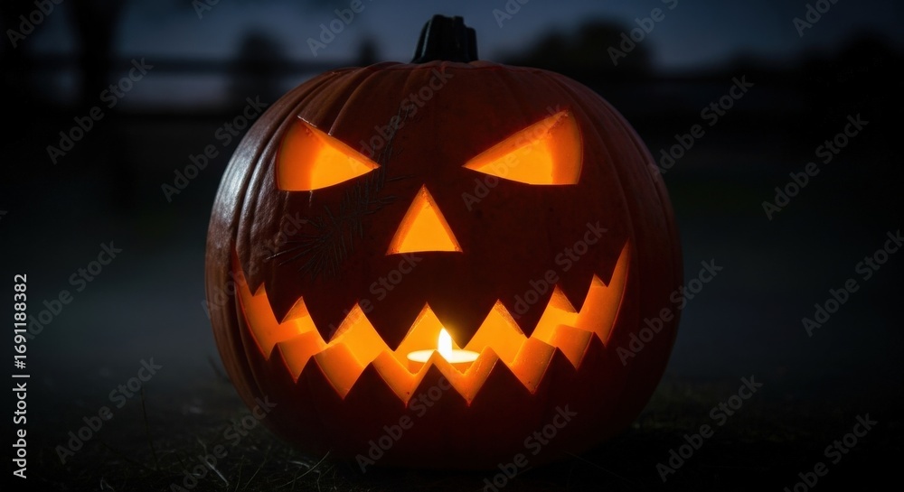 Fototapeta premium Illuminated Jack-o'-lantern with a spooky face, perfect for Halloween night.