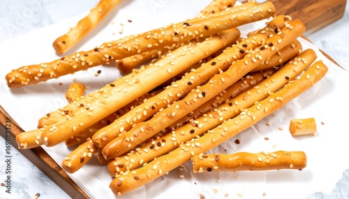 Crispy bread sticks scattered on a board