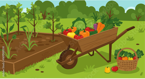 Vegetable garden with wheelbarrow and basket filled with produce  
