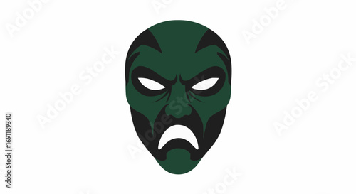 Green abstract mask with angry expression in minimalist design  