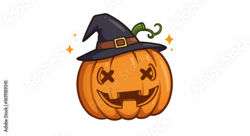 Scary Halloween pumpkin with witch hat and cartoonish expression  
