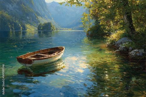 Idyllic mountain lake scene with rowboat surrounded by crystal clear water and lush greenery reflections painting