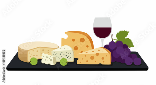 Cheese platter with grapes and red wine on black serving board  