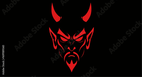 Red demon face illustration on black background  