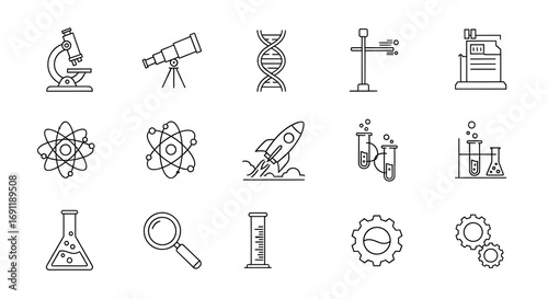 Thin-line science and education icon set — microscope, telescope, DNA, atom, beaker, brain, rocket and lab symbols collection