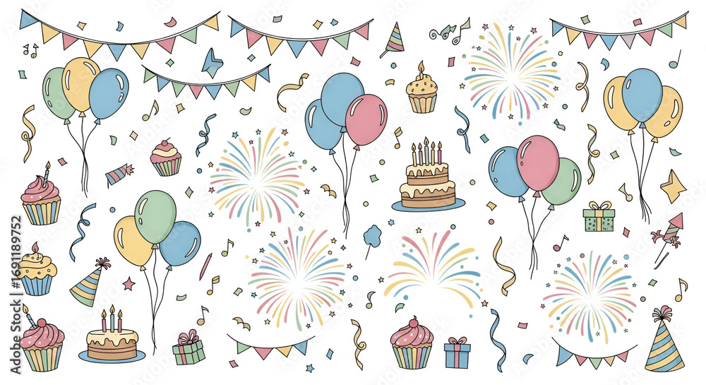 Fototapeta premium Hand-drawn birthday party pattern — cake, balloons, cupcakes, confetti, bunting and fireworks festive celebration seamless background