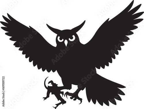 Black owl with wings spread wide silhouette flying