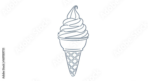 Minimal soft-serve ice cream cone line art sketch — blue outline dessert illustration on white background