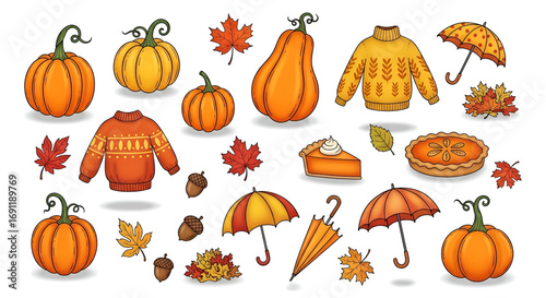 Autumn pattern collection — pumpkins, umbrellas, sweaters, leaves and acorns festive fall seamless illustration