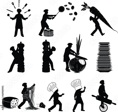 Funny chef silhouettes – comical cooking scenes with oversized food, juggling utensils, and exaggerated kitchen action in black and white