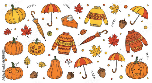 Autumn pattern collection — pumpkins, umbrellas, sweaters, leaves and acorns festive fall seamless illustration