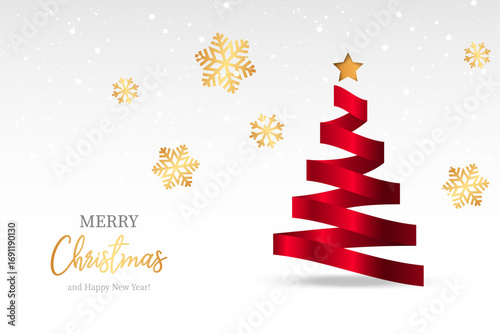Elegant red ribbon christmas tree with golden snowflakes and merry christmas text