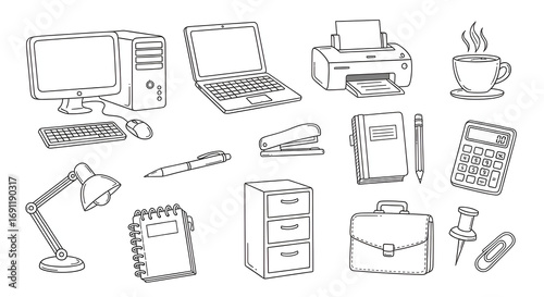 Hand-drawn office supplies line art set — computer, laptop, printer, coffee cup, lamp, notepad and stationery icons collection