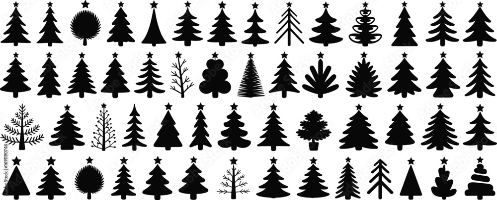 Naklejka premium Black Christmas tree icons collection, assorted evergreen silhouettes with star toppers, holiday festive designs and winter decoration symbols