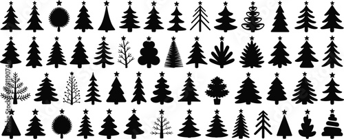 Black Christmas tree icons collection, assorted evergreen silhouettes with star toppers, holiday festive designs and winter decoration symbols