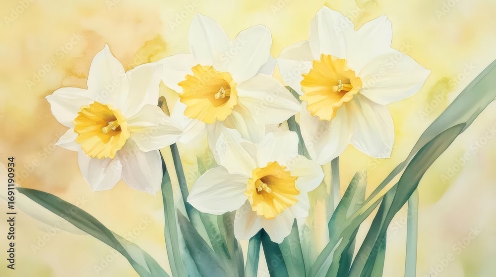 Fototapeta premium 水彩画の白いスイセンのクローズアップとぼやけた背景に緑の葉を持つ花のモチーフ