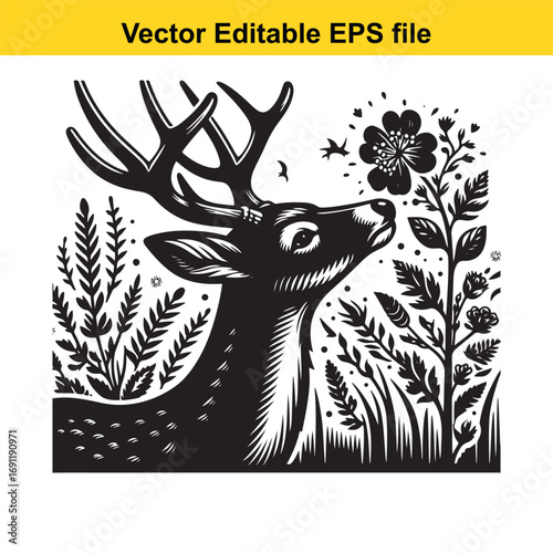 Black and white illustration of a deer smelling a flower, isolated on white background