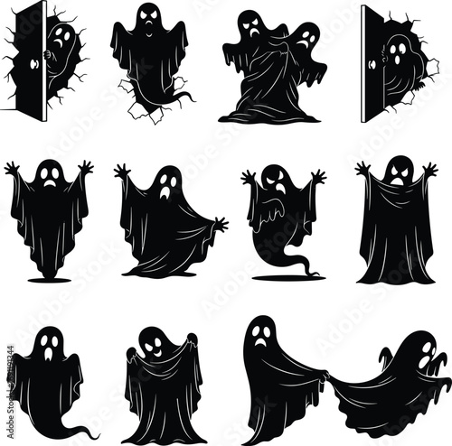 Ghost silhouettes haunting through doors and floating in various spooky poses, some linked by ghostly sheets