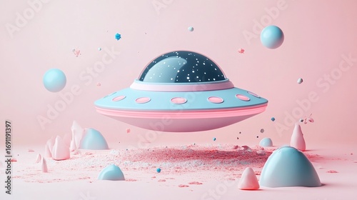 Retro Futuristic UFO Surrounded by Colorful Geometric Shapes