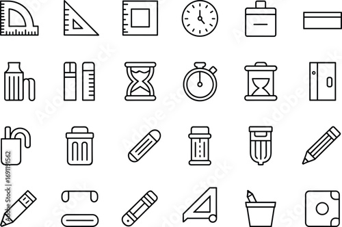 Collection of stationery and office tool icons including pencils, rulers, clocks, hourglasses, sharpeners, and containers in simple line vector style