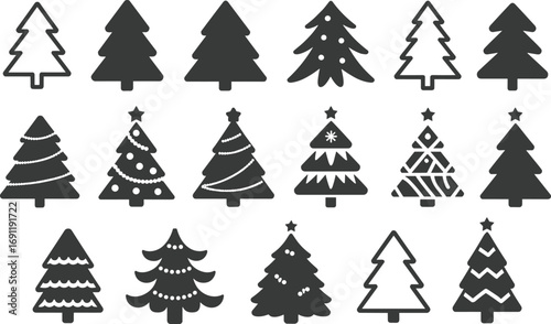 Christmas tree icons set with decorations and stars, holiday evergreen silhouettes and outlined vector symbols for festive design