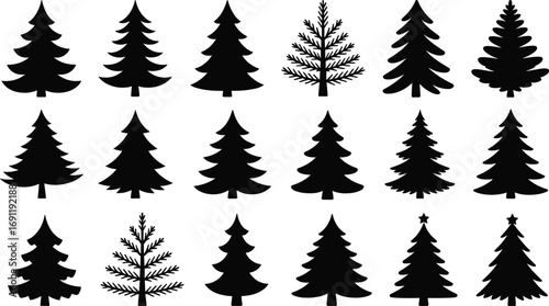 Christmas tree silhouettes collection, black evergreen icons with detailed branches and star toppers, festive holiday and winter decoration shapes