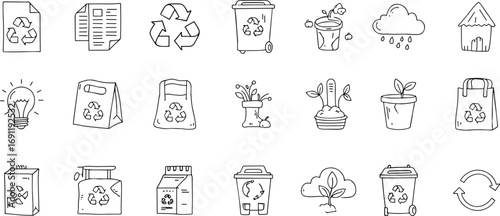 Hand drawn eco recycling icons set with trash bins, eco bags, plants, renewable energy, sustainability symbols, climate change awareness, environment protection and green lifestyle