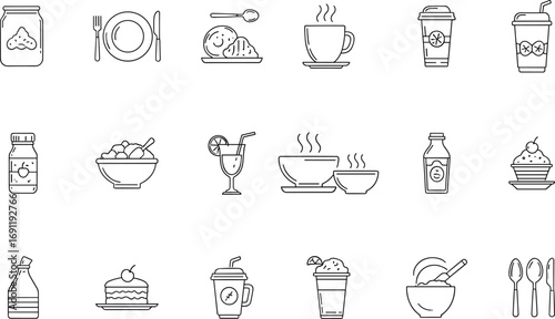 Food and beverage line icons collection including coffee cup, juice glass, fruit bowl, cake dessert, utensils, soup bowl, bottle, and ice cream