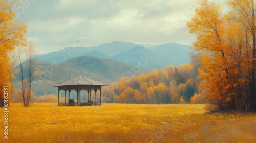 黄金色のフィールドに佇む東屋と背景の丘陵地帯と秋のカラフルな木々が描かれた風景