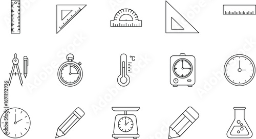 Education and science line icons collection featuring ruler, protractor, compass, pencil, clock, stopwatch, thermometer, scale, and laboratory flask