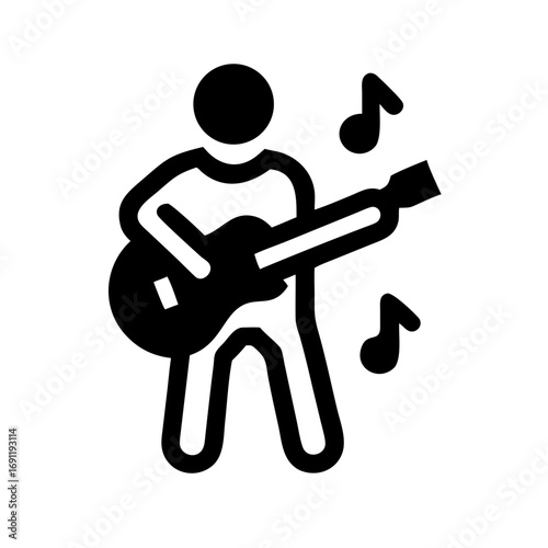 Person playing a guitar with musical notes floating around them in a black and white graphic icon style