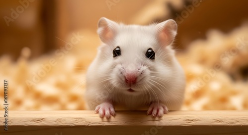 Adorable White Hamster Peeking Over Wooden Ledge with Soft Background