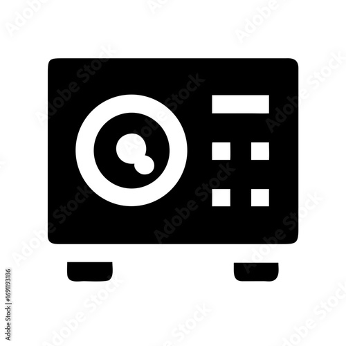 Illustration of a black safe with a white dial and a keypad, standing on two small feet in a simple style