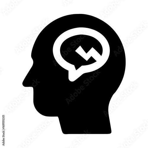 Silhouette of a human head profile with a speech bubble containing a lightning bolt inside the brain area