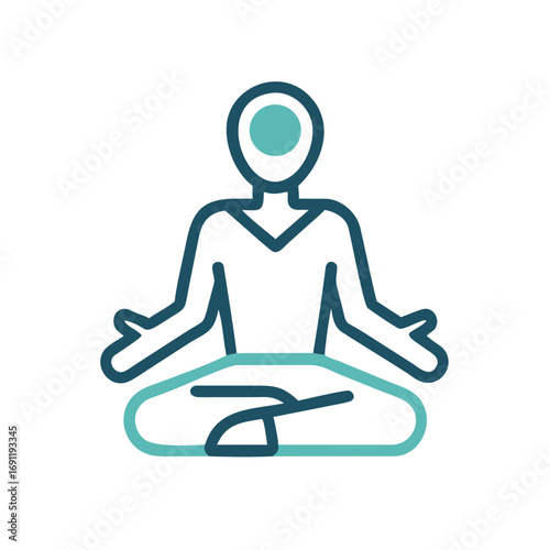 Person in lotus position meditating with teal accents and a circle on the head in a simple design
