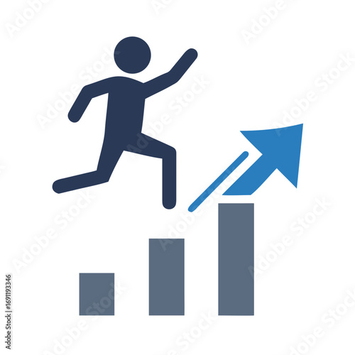 Person running up a bar graph with an arrow pointing upwards representing growth and achievement goal success