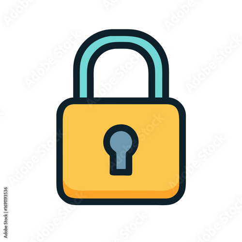 Illustration of a yellow padlock with a blue handle and keyhole on a white background design element