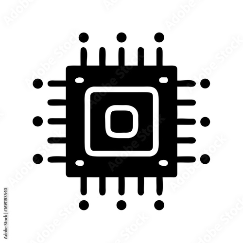 Illustration of a black computer chip with square design and multiple connection points around the edge
