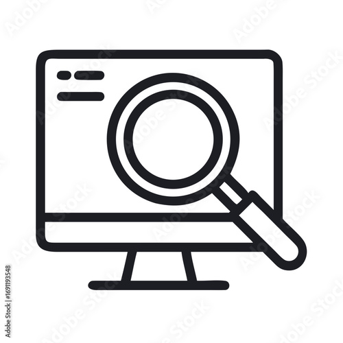 Computer screen with magnifying glass icon representing searching or investigation concept shown clearly here