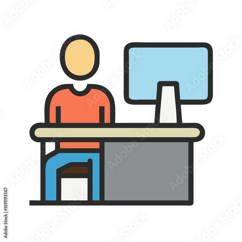 Illustration of a person sitting at a desk with a computer monitor in front of them in a simple style