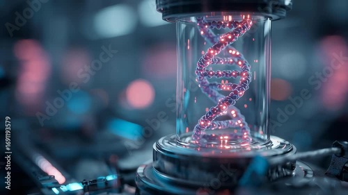 A glowing DNA strand is inside a glass tube. Concept of wonder and fascination with the complexity of life and the intricacies of genetics