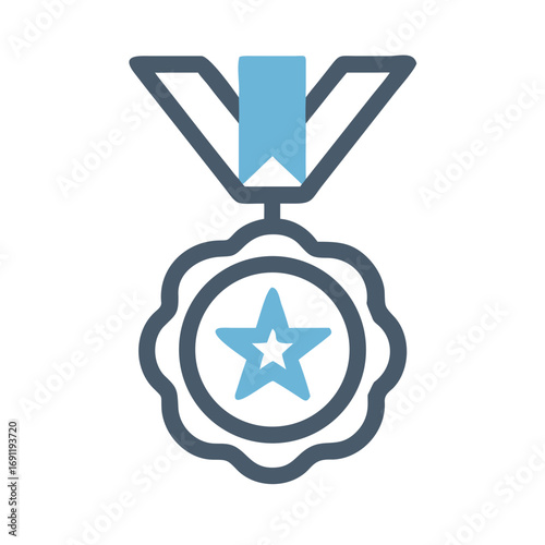 Illustration of a blue and gray medal with a star in the center hanging from a ribbon and v shaped holder