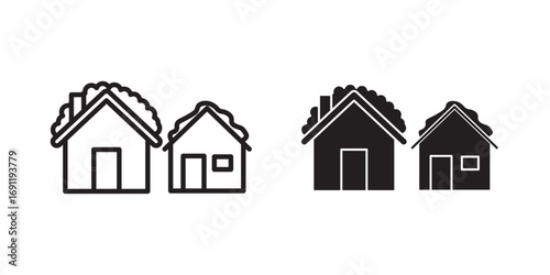 Snowy Village icon. captures the serene beauty of a winter retreat, nestled amidst a pristine snow-covered landscape. Vector illustration with stroke and fill on a white background.